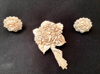 Fabulous Vintage Floral Brooch And Earring Set Pin Set With Rhinestones