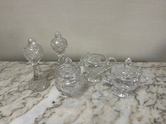 Vintage Crystal Salt & Pepper Shakers, Sugar & Creamer & Condiment Jar