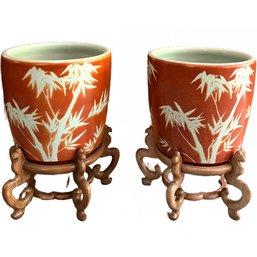 A Fabulous Pair Of Chinese Planters On Wood Stands