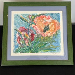 A MIMI SWADOS Pencil  Signed Framed Litho  'poppy & Peony' 2002' Monotype 13.5' X 12.5'H