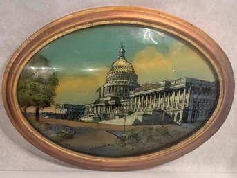 Antique Convex Glass Painting Of The Capital With Oval Frame
