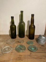 Antique Mason Jar Lids With Green Glass Bottles