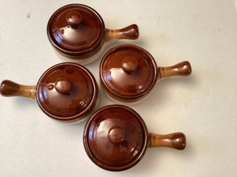Brown Glazed Stoneware Soup Or Chili Bowls With Lids Set Of Four