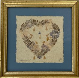 PRESSED WILDFLOWERS IN HOMEMADE PAPER: Signed By Artist 1998, 10.25' Frame, Heart Shaped Floral Picture Flower