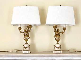 PAIR Antique Brass And Marble Cherub Lamps