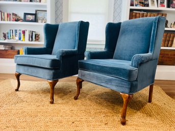 Rowe Furniture Pair Of Blue Bird Velvet Chippendale Style Wing Back Arm Chairs