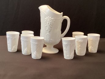 Lovely Milk Glass Paneled Grapes Pattern Pitcher  & 8 Cups