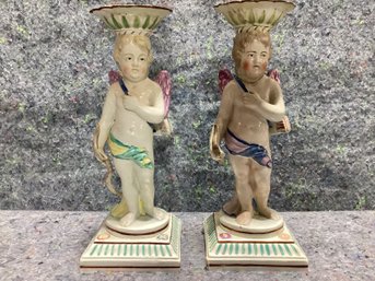 Pair Staffordshire Cupid Candlesticks Candleholders 19th Century