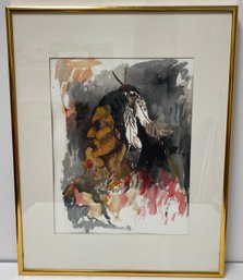 Watercolor Native American Indian - Signed With Cypher Symbols: Bird - S - Feather - Framed Painting