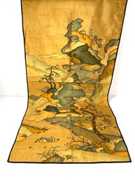 Antique Chinese ' Ossu Kesi Golden Silk Needlework Embroidery Landscape Textile Panel. 43 1/2'L X 19'W