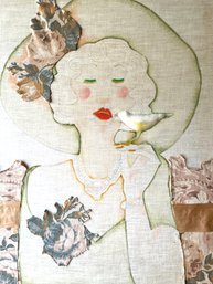 Vintage Linen Cloth Patchwork Artistry  ' Lady Of The Birds ' Framed
