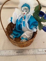 Vintage Porcelain Baby Doll In Basket