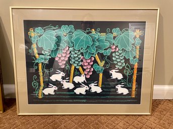 Original Painting Of Bunnies In A Vineyard, Framed & Matted