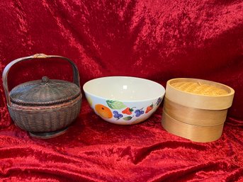 Ancora Hand Painted In Italy Ceramic Fruit Bowl, 2 Tier Bamboo Vegetable Steamer, Handled Basket With Lid 8x9'
