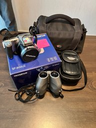 Olympus 35 Mm Camera With Binoculars, Case And Extra Small Case