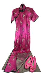 Fuchsia Cheongsam With Green Piping Antique Dress & Fuschia Pink Embroidery Flower Shoes