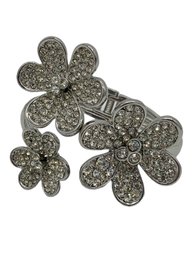 Silver Tone Rhinestone Flower Hinged Cuff Bracelet