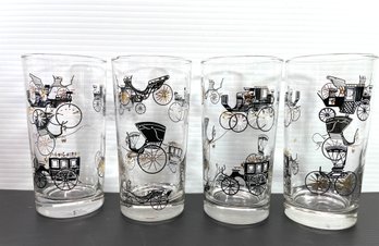 Vintage Libbey MCM Highball Drinking Glasses - Carriage Buggy Cars - Gold Trim