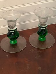 Green And Clear Pair Of Candlesticks By Orrefors And Tiffany