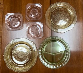 Vintage Depression Glass Plates In Amber, Pink & Green