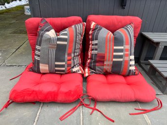 Lot Of (2) Red Outdoor Seat Cushions And (2) Accent Pillows