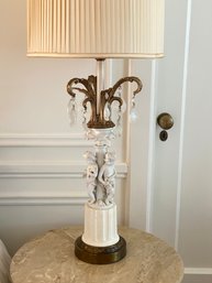 PAIR Sweet Tall Porcelain French Cherub Lamps With Hanging Crystals