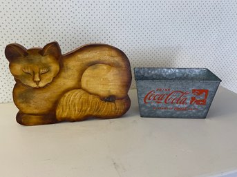 Carved Wood Cat And Coca Cola Tin