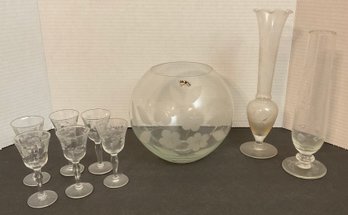 Vintage Crystal Etched Collection, Fish Bowl, Vases & Cordials.