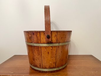 Vintage/ Antique  Wood Slated  Bucket With With Handle And Gold Metal Bands