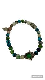 Real Stone Beaded Bracelet With Silver Tone Charms