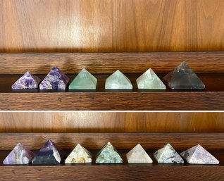 Collection Of Carved Pyramids Including Fire Quartz, Amethyst & Lepidolite