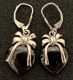 Vintage Sterling Silver 925 Pierced Dangle Earrings - Black Onyx Heart & Ribbon Bow