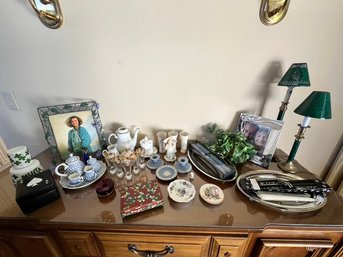 Misc Lot Of China, Asst Pieces, Frames, 2 Lamps,