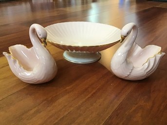Pink Lenox - Two Swans With Gold Trim And Pretty Compote