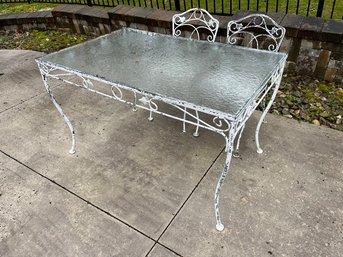 Vintage Wrought Iron Ivy Leaf Design Glass Top Table & Two Matching Chairs
