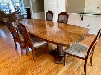 Vintage Fruitwood Double Pedestal Dining Table With Six Caned Back Chairs