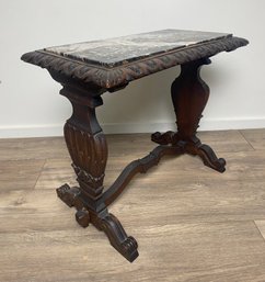 Awesome Marble Top Carved Wood Side Table