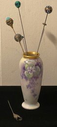 Antique Carlsbad, Australia Violet Vase, 7 Unique Hair Pins