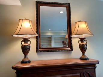 Pair Of Black, Gilt & Maroon Urn Form Table Lamps