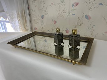 Vintage Silver Tone Filigree Vanity Mirror Tray & 2 Filigreed Perfume Bottles