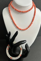 Vintage Angel Skin Coral Bead Necklace Clasp & Spacers 14K 30' L Coral & Cultured Pearls Spiral Bracelet