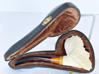 Vtg Unmarked Carved Tobacco Pipe Sultan  W/amber Colored Stem & Velvet Lined Case