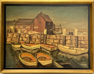 1968 SEASCAPE FISHERMAN'S PORT OIL ON CANVAS: M. Feldman, Vintage Fishing Village Shoreline Painting, Mooring