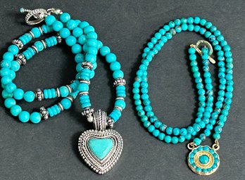 2 Turquoise Necklaces- One 14K Gold Pendant & Clasp ( Tested) One Sterling Silver 925 Heart Pendant & Spacers