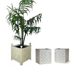 A Set Of 3 Chippendale Style White Resin Planter Boxes And A Faux Palm