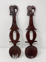 African Hand Carved Wooden Elephant Salad Servers