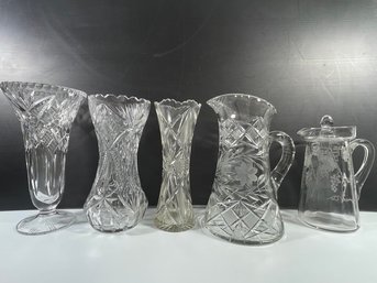 Etched Pitcher And Cut Glass Vases