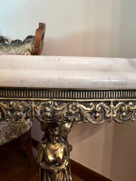 Hollywood Regency #2 Of 2 Matching Marble Top, Gilt Tables, With Carved Top In Roses And Vines