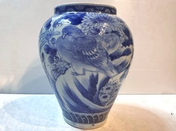 Large Blue And White Chinese Vase With Bird And Floral Design