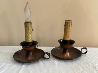 Pair Vintage Copper Candle Holders, Electrified